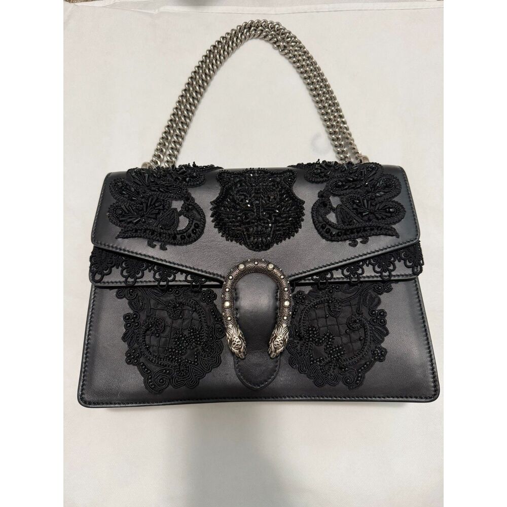 Gucci Dionysus Lace Beaded Leather Shoulder Bag Black Medium - Excellent